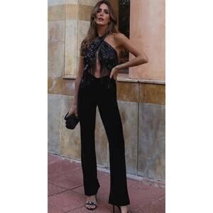Zara Sequin Halter Velvet Jumpsuit With Fringing Large  Size L Black NEW Party